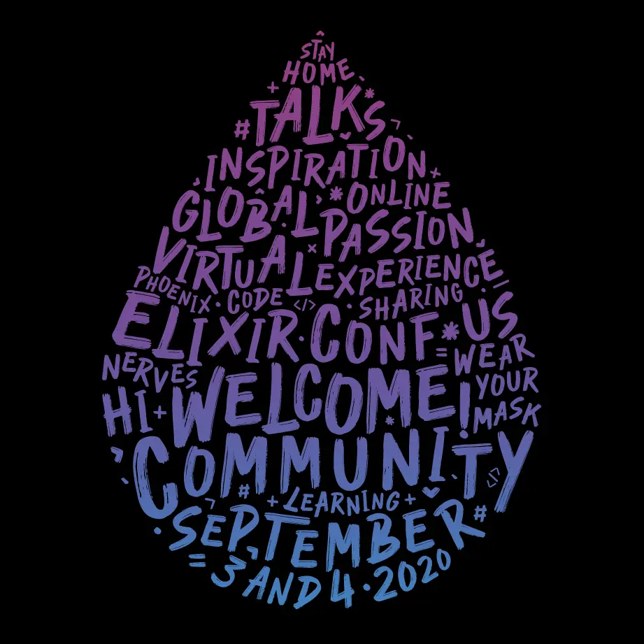 Elixir Logo comprised of words, including "stay home," "community," and "learning"